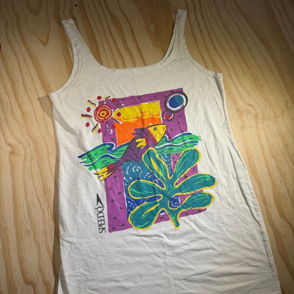 Vintage Speedo Graphic Tank Top White Abstract Fish Sun Print Womens Medium